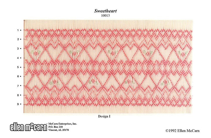 Textile pattern with pink and green design on a beige background, labeled 'Sweetheart' by Ellen McCarn.