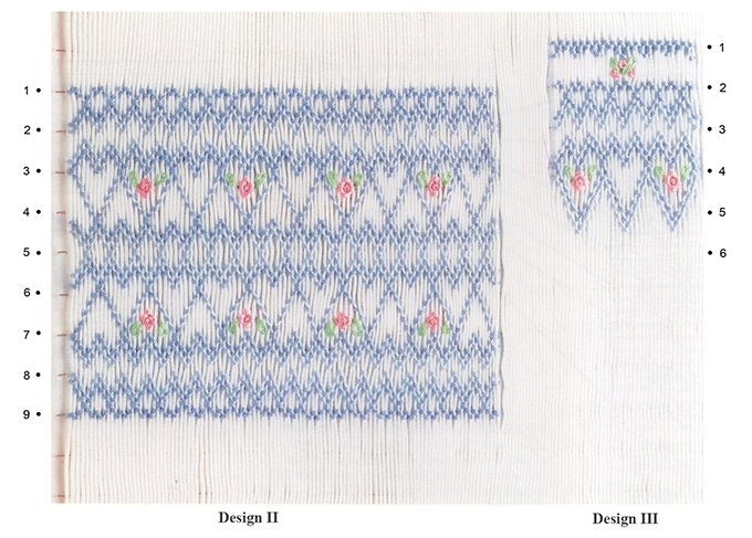 Textile design pattern with blue and pink patterns on a white background