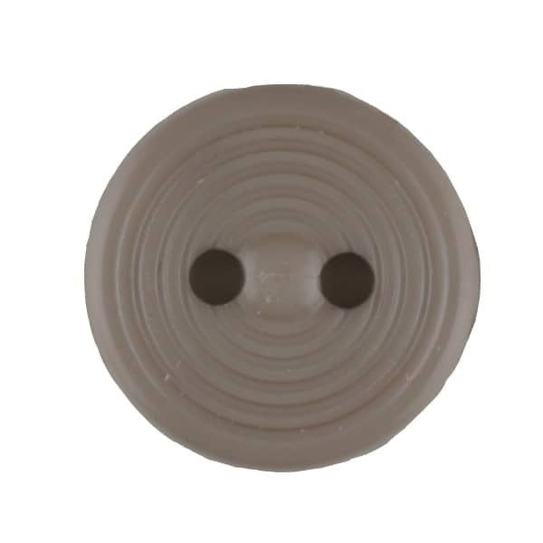 Round brown button with two holes on a white background