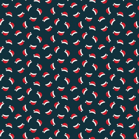 A repeating pattern of red and white Santa hats on a dark navy blue background.