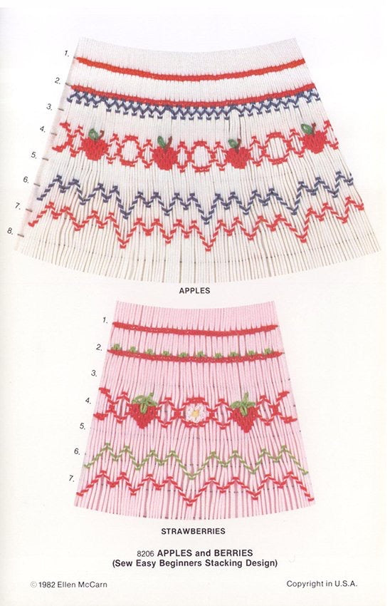 picture of a Smocking plate with apples or strawberries in a geometric design for a bishop. 7-8 rows of smocking on a bishop on white pleated fabric and pink pleated fabric
