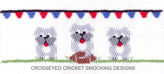 Smocking plate with three bull dogs and a football. 7 rows of smocking on a yoke. 