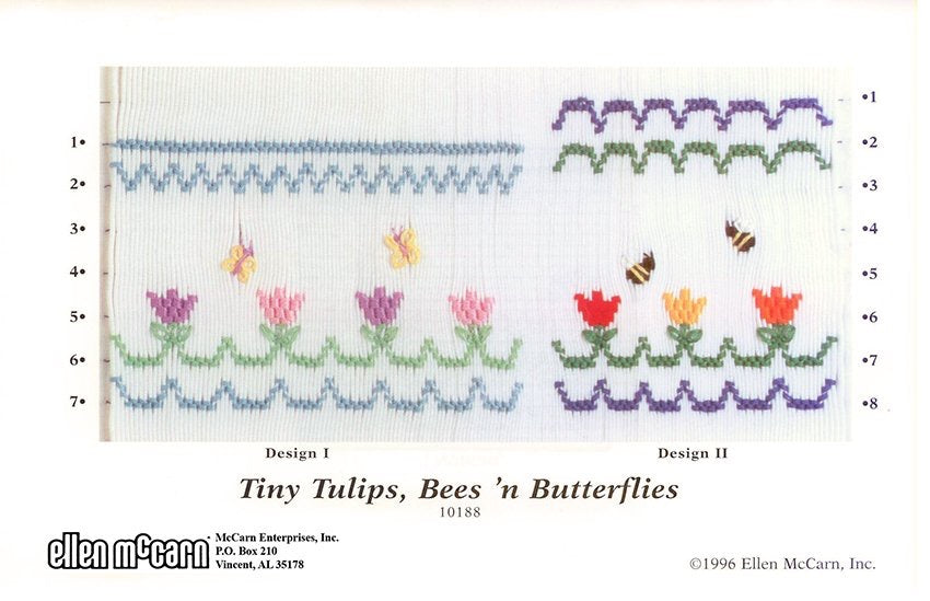 Smocking plate with small tulips and butterflies or bees, 7-8 rows of smocking.