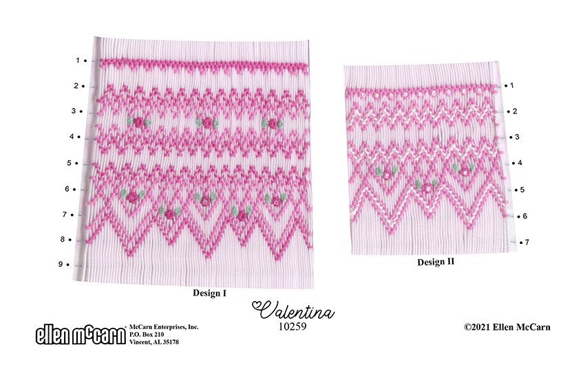 Two pink and white patterned swatches labeled 'Design I' and 'Design II' with 'Valentina' branding.
