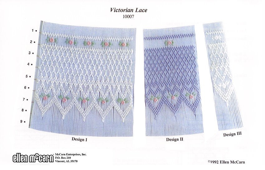 Illustration of Victorian lace smocking patterns labeled Design I, Design II, and Design III by Ellen McCarn.