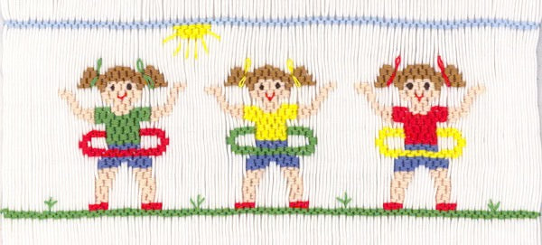 Smocking plate with three children each with a hula hoop. 8 rows of smocking on a yoke.