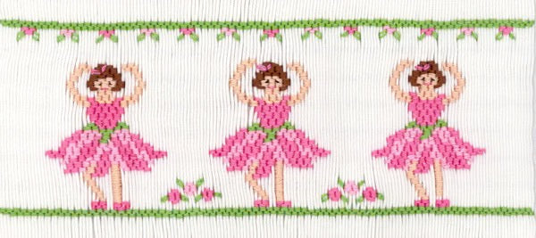 Smocking plate with three ballerinas in beautiful tutus. 8 rows of smocking on a yoke.