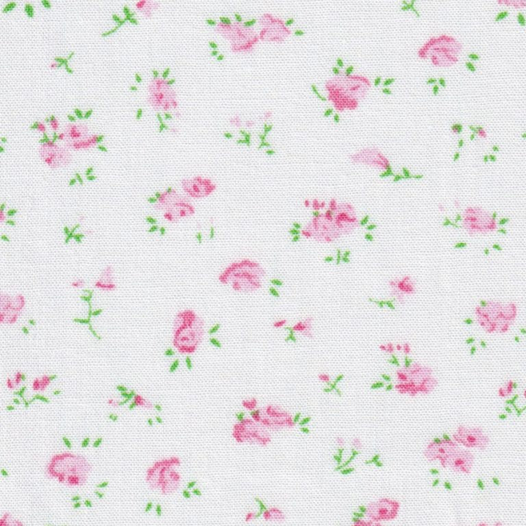Floral pattern with pink flowers and green leaves on a white background