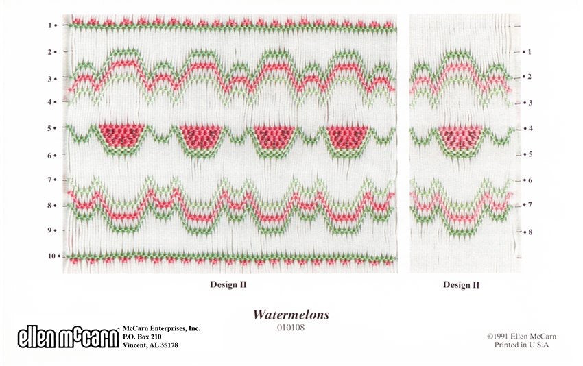 Smocking plate with a geometric design and watermelons. 5 rows of smocking on a bishop or 8-10 rows of smocking on a yoke.