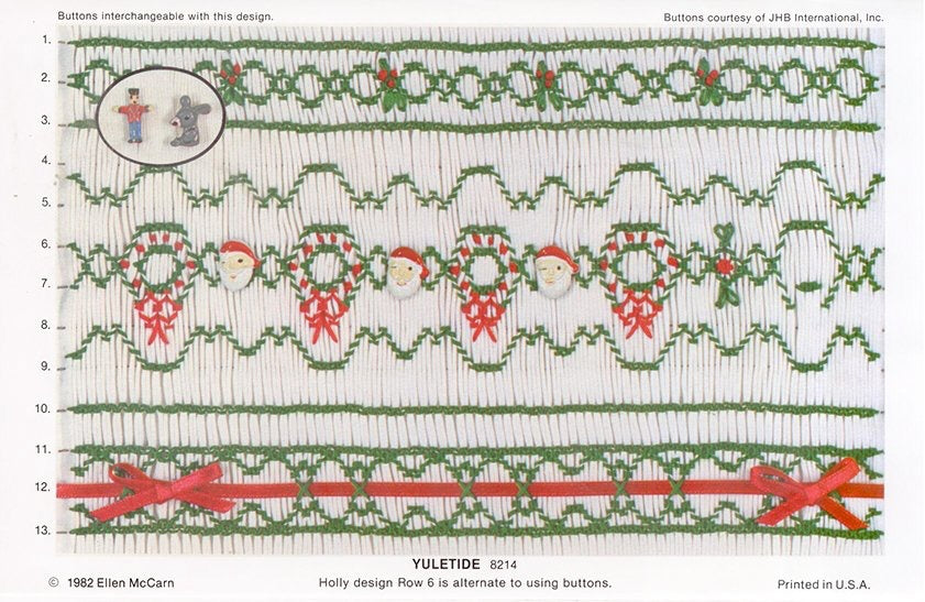 Pleated fabric smocked with Christmas-themed designs and text indicating 'Yuletide' and 'Holly design'.