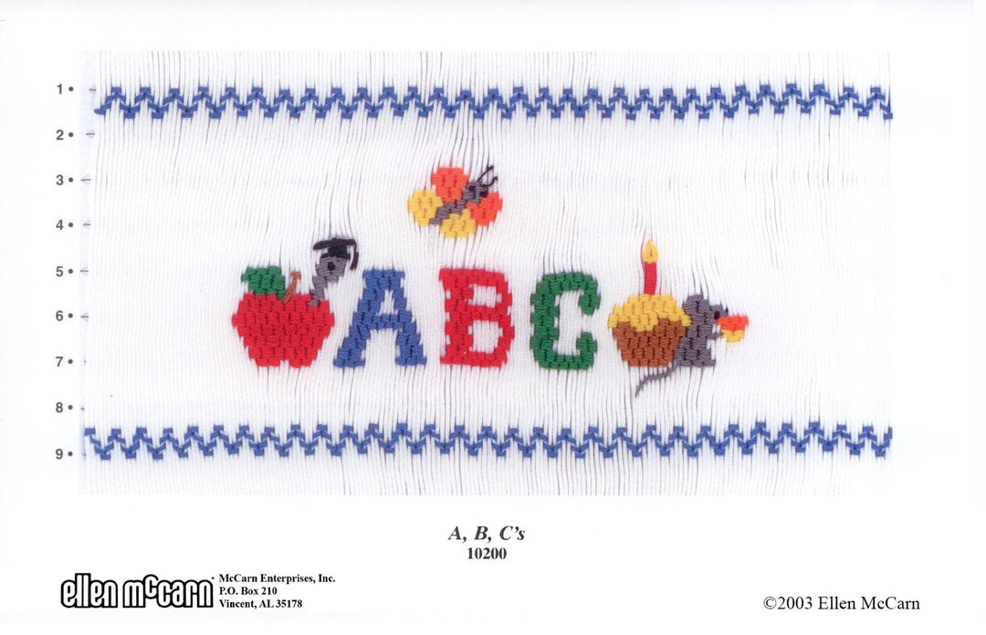 Embroidery pattern with 'ABC' letters and decorative elements on a white background