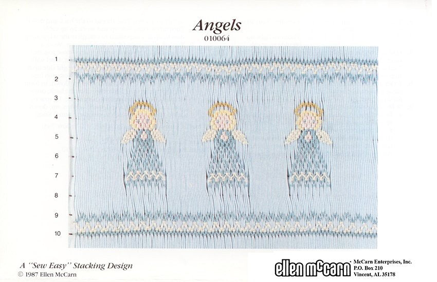 Smocking pattern for angels on a light blue background with 'Ellen McCann' branding.
