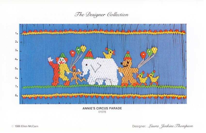 Smocking design of Circus animals and a clown and text 'Annie's Circus Parade' from 'The Designer Collection'.