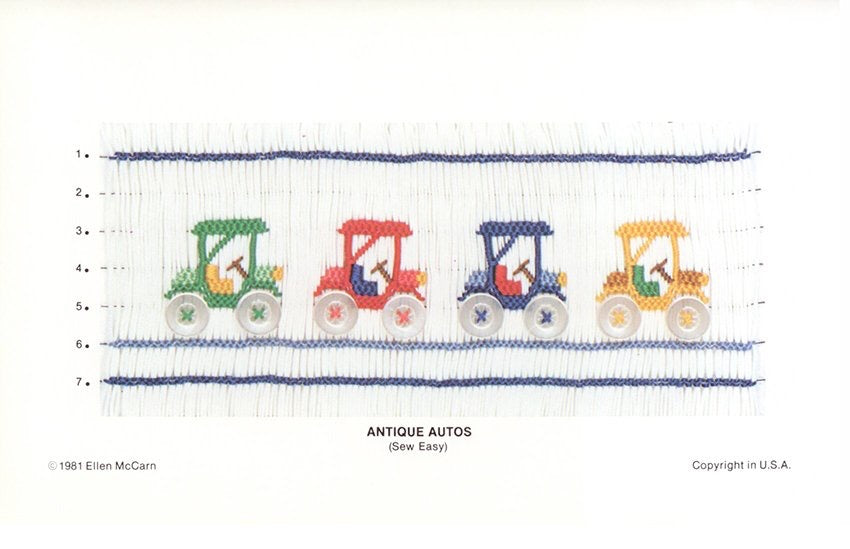 Smocking design of vintage cars on a white background