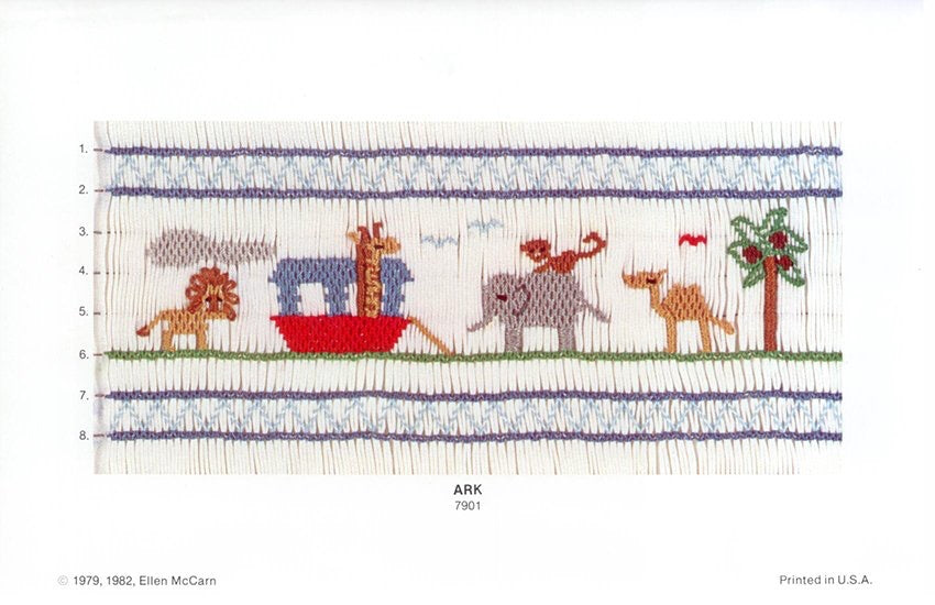 Embroidered design of animals in a line with trees and a bowl, labeled 'ARK'.