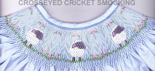 Smocking plate with sweet lambs in a field, designed for a bishop. 7 rows of smocking on a bishop.