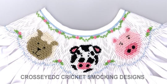 Smocking plate with animal faces (sheep, cow, pig) designed for a bishop. 7.5 rows of smocking on a bishop.