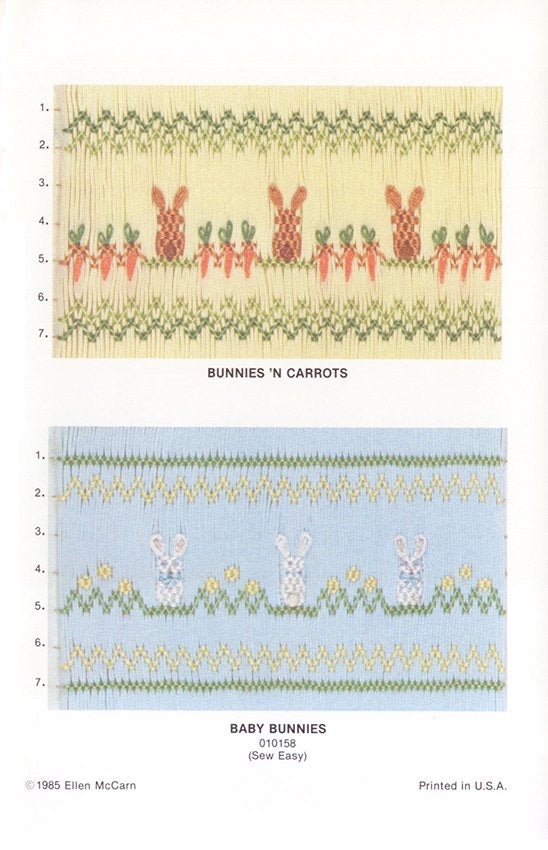 Smocking plate with a two variations of small bunnies, carrots and flowers in a geometric smocking landscape. 7 rows of smocking on a yoke one on yellow and the other on blue pleated fabric.