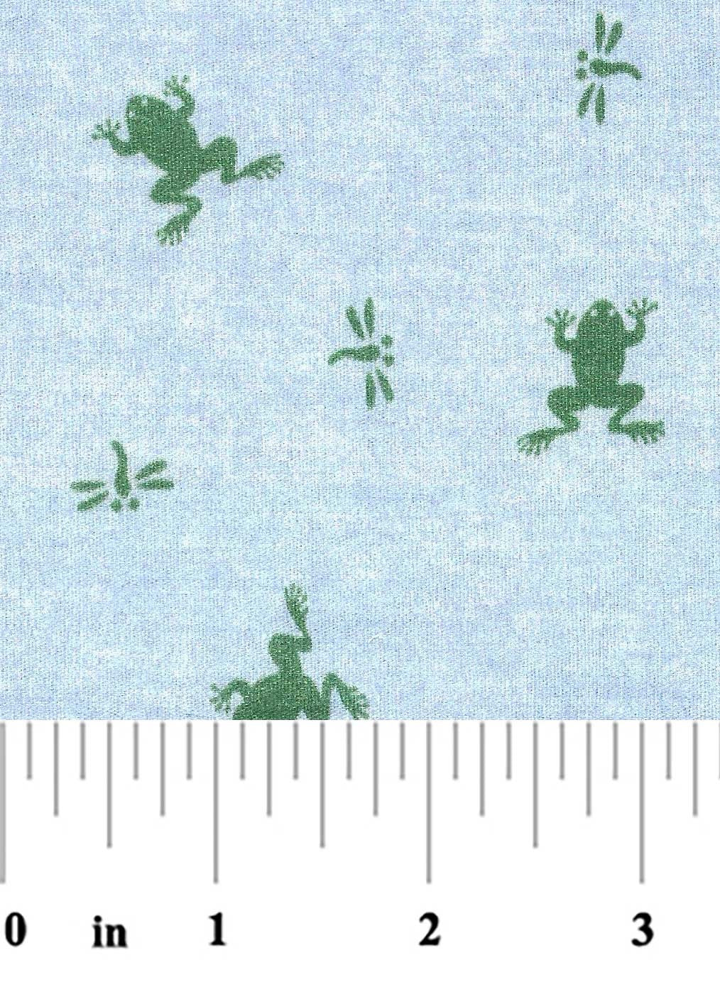 Fabric with green frog pattern on a light blue background, measured against a ruler.