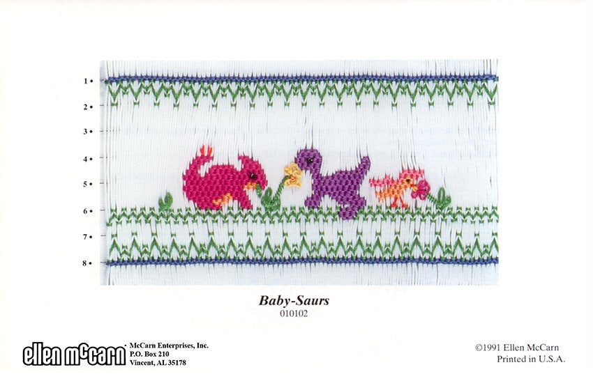 Smocking design of dinosaurs with a zigzag border, labeled 'Baby-Saurs'.