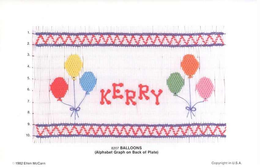 Embroidery pattern with 'Kerry' and colorful balloons on a white background
