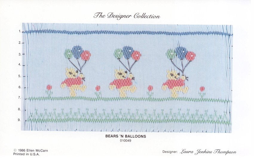 Smocking design of bears with balloons on a blue background, labeled 'Bears 'N Balloons' from The Designer Collection.