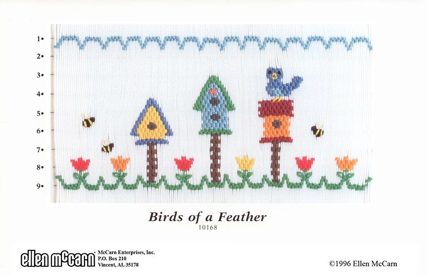 Smocking pattern for 'Birds of a Feather' with birdhouses and flowers on a white background.