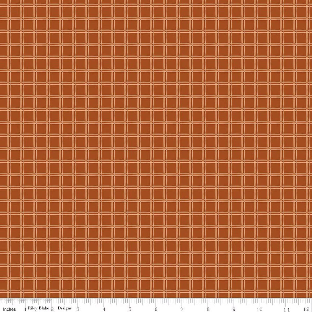 A close-up fabric pattern swatch showing a warm rust-orange background with a fine cream grid and ruler markings along the bottom edge.