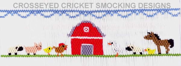 Smocking plate with a barn and a gathering of animals: lambs, pigs, chicks, roosters, ducks and horses. 6 1/2 rows of smocking on a bishop. Requires 164 pleats.