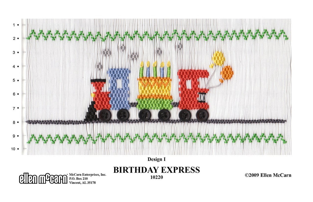 Smocking design of a birthday train with candles and balloons on a white background.