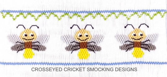 Smocking plate with three lightning bugs. 7 1/2 rows of smocking on a yoke.