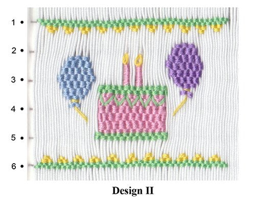 Embroidery design of a birthday cake with balloons on a grid background