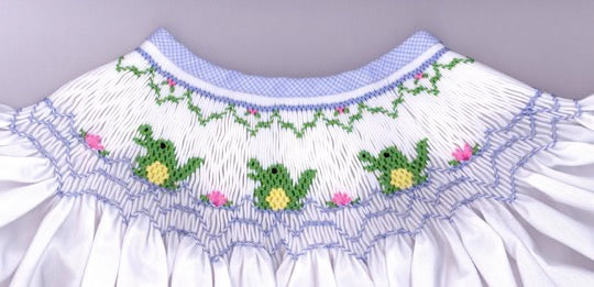 Smocking plate with alligators. 8 rows of smocking on a bishop.