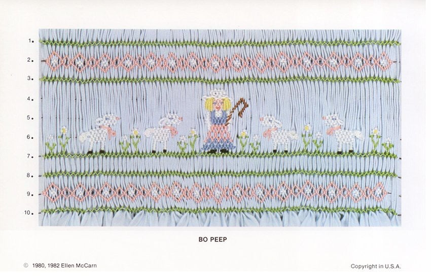 Embroidery pattern with 'Bo Peep' design on a blue background
