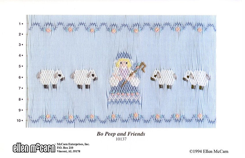 Smocking design for 'Bo Peep and Friends' with sheep and a girl holding a sheep, on a blue background.