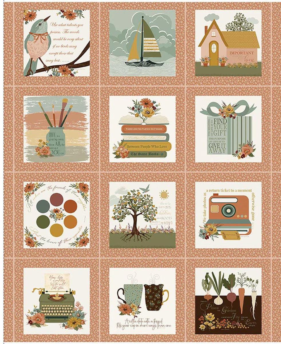 A 3x4 grid of twelve square art prints with autumn and vintage themes, set against a matching patterned background. The designs include an owl, a sailboat, a house, paintbrushes, books, a gift box, a typewriter, mugs, and vegetables, all in muted earthy tones.