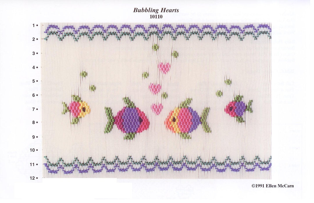 Smocking design with colorful fish and bubbles on a white background