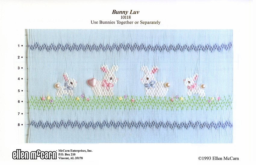 Smocking plate with bunnies with pearl bead tails. 8 rows of smocking on a yoke