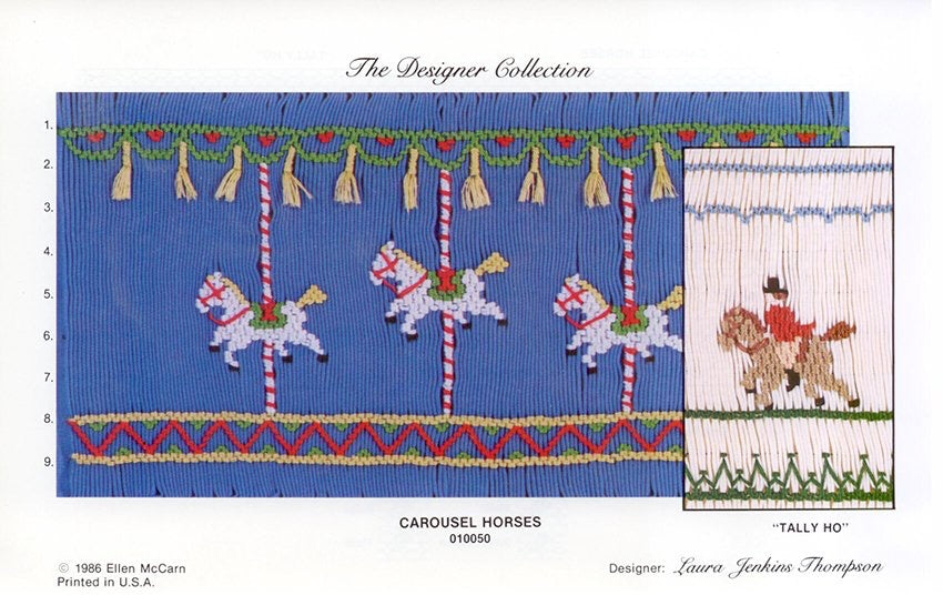 smocking Designs on fabric with carousel horses and a rider, labeled 'Tally Ho' from the Designer Collection.