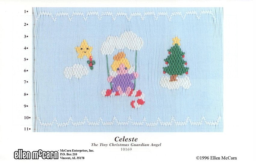 Smocking plate with Celeste, the tiny Christmas Guardian Angel, on a candy cane cloud swing with a tree in the clouds. 11 rows of smocking on a yoke.
