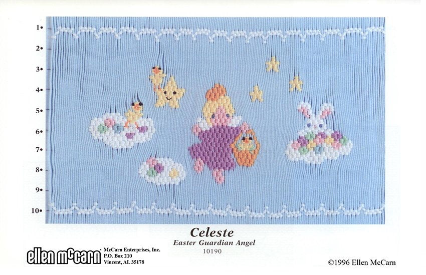 Smocking design of a Easter Guardian Angel named Celeste with colorful elements on a blue background.