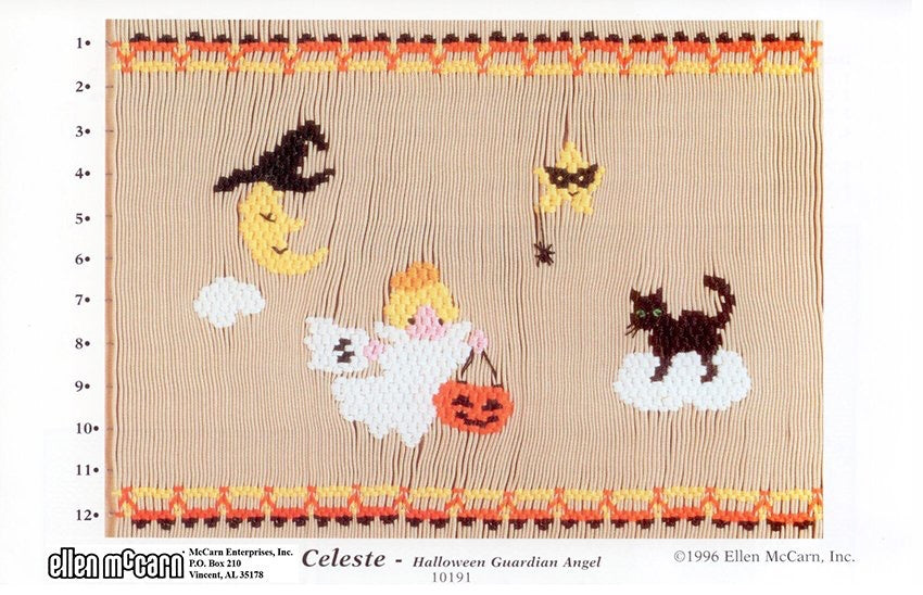 Smocking design with Halloween-themed designs featuring a witch, moon, cat, and ghost on a beige background.