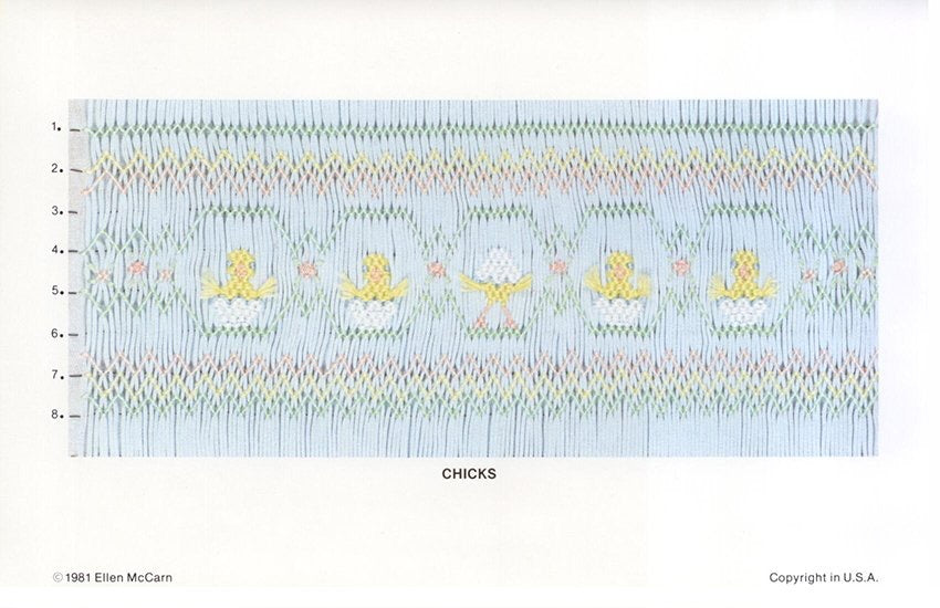 Smocking design with baby chicks on a blue background