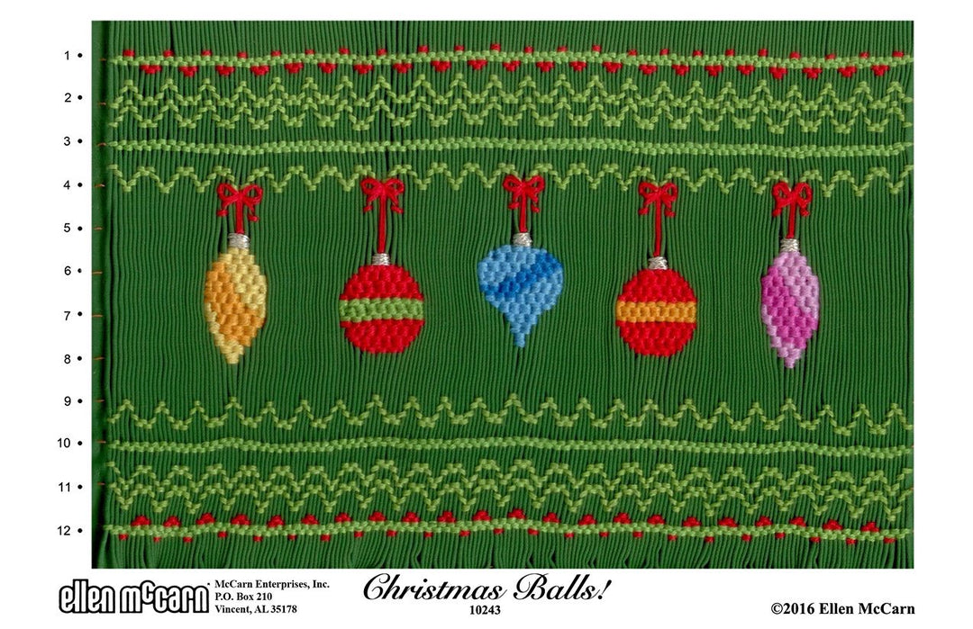 Smocking design with Christmas balls design on a green background