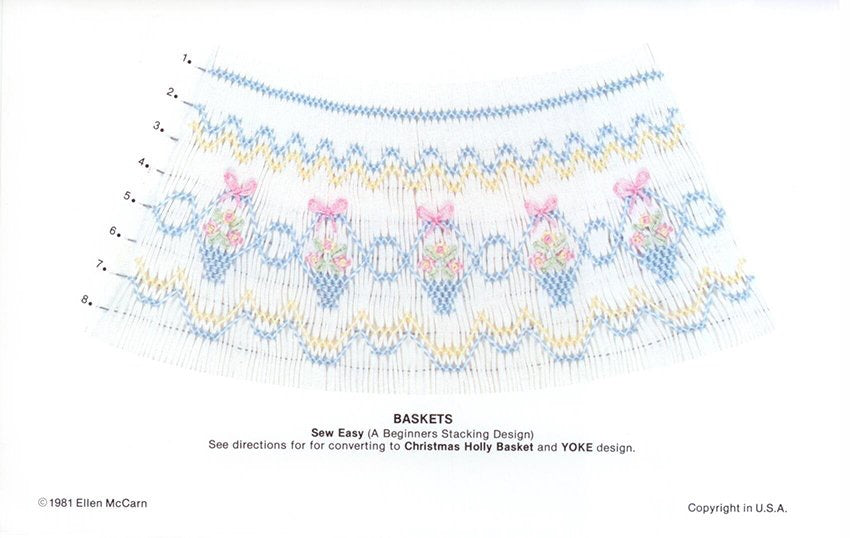 Smocking plate with baskets of flowers in blue and pink with yellow accents. 8 rows of smocking on a bishop.