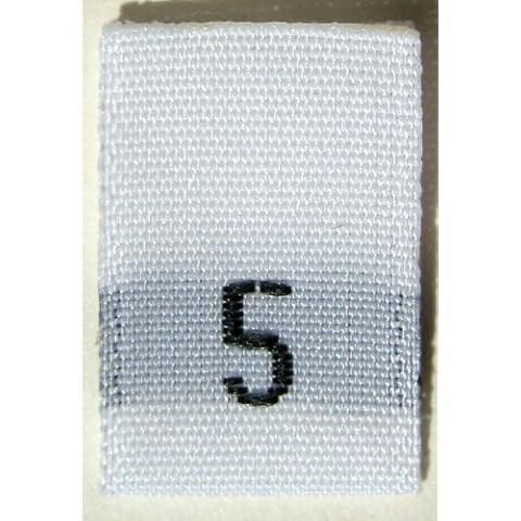 White woven label with a black number '5' on a white background