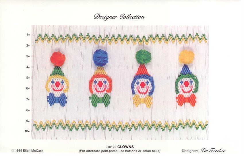 Colorful clown-themed smocking plate on a white background with 'Designer Collection' text.