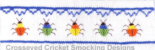 Stink bugs line up along 5 1/2 rows of smocking on a yoke.