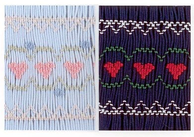 Two fabric swatches with heart patterns on a blue and purple background