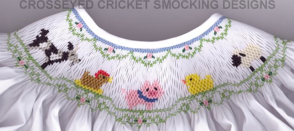 Smocking plate with farm animals such as a goat, chicken, pig, duck and sheep. 8 rows of smocking on a bishop.